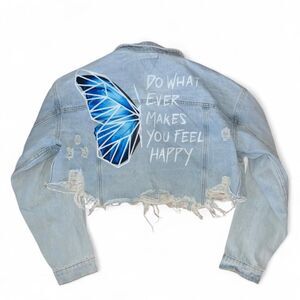 Soul Collective Woman's Light Blue Distressed Grunge Festival Jean Jacket SZ S/M